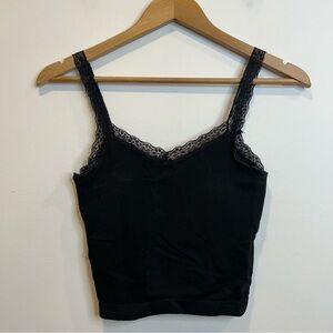 Streetwear Society Ribbed Lace Trim Cami Camisole Tank Top Black
